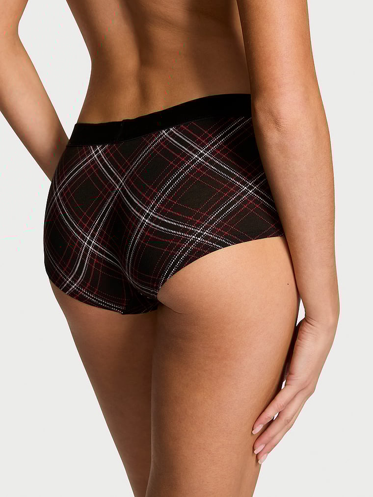 Victoria's Secret, Cotton Logo Cotton Shine Patch Velvet Boyshort Panty, Black Plaid, onModelBack, 2 of 4 Kennidy is 5'11" or 180cm and wears Small