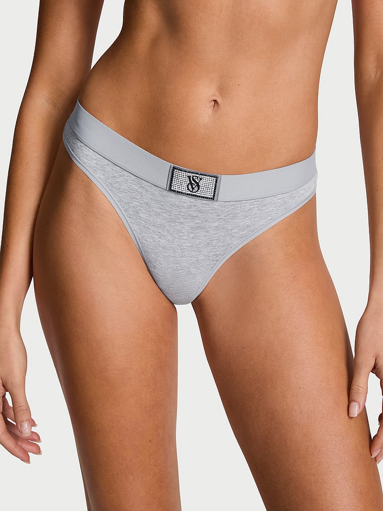Victoria's Secret, Cotton Logo Cotton Shine Patch Thong Panty, onModelFront, 1 of 4
