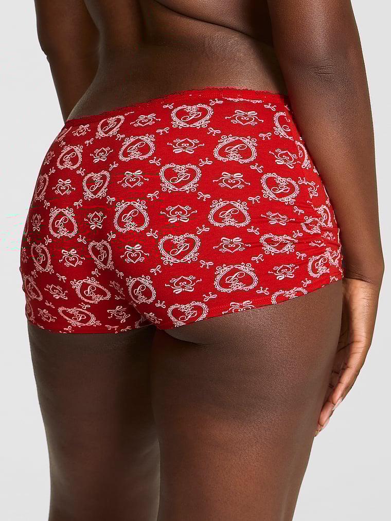 PINK Cotton Dorm Boyshort Panty, Bright Vermillion Doile Print, onModelBack, 2 of 3 Fanta is 5'11" or 180cm and wears Large