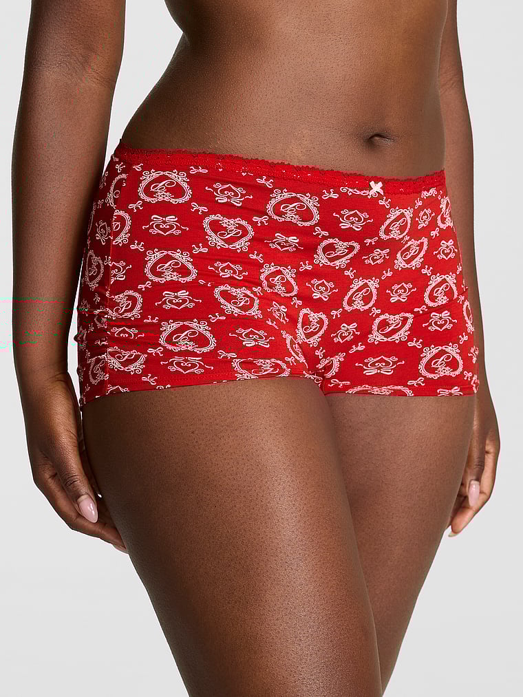 PINK Cotton Dorm Boyshort Panty, Bright Vermillion Doile Print, onModelFront, 1 of 3 Fanta is 5'11" or 180cm and wears Large