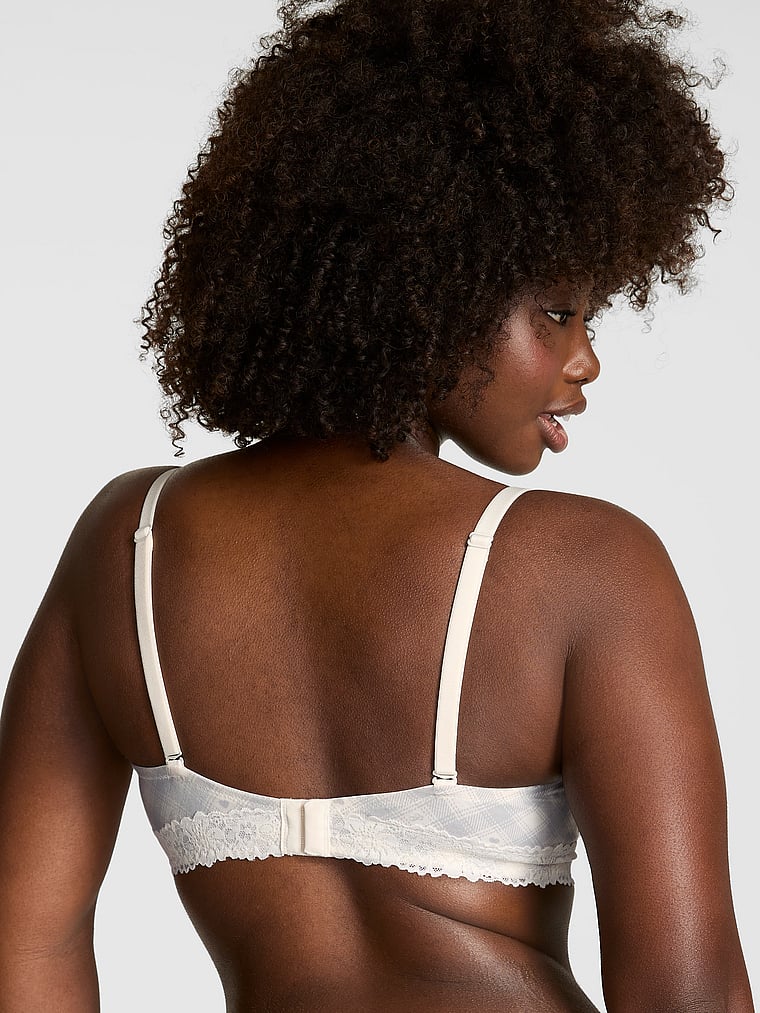 PINK Wear Everywhere Wear Everywhere Lightly Lined Full Coverage T-Shirt Bra, Winter White Grey Plaid, onModelBack, 2 of 2 Fanta is 5'11" or 180cm and wears 34D or Medium