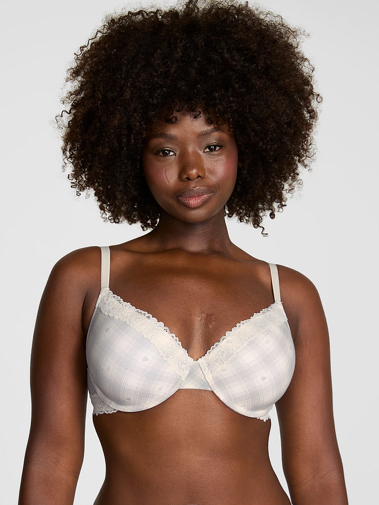 PINK Wear Everywhere Wear Everywhere Lightly Lined Full Coverage T-Shirt Bra, Winter White Grey Plaid, onModelFront, 1 of 2 Fanta is 5'11" or 180cm and wears 34D or Medium