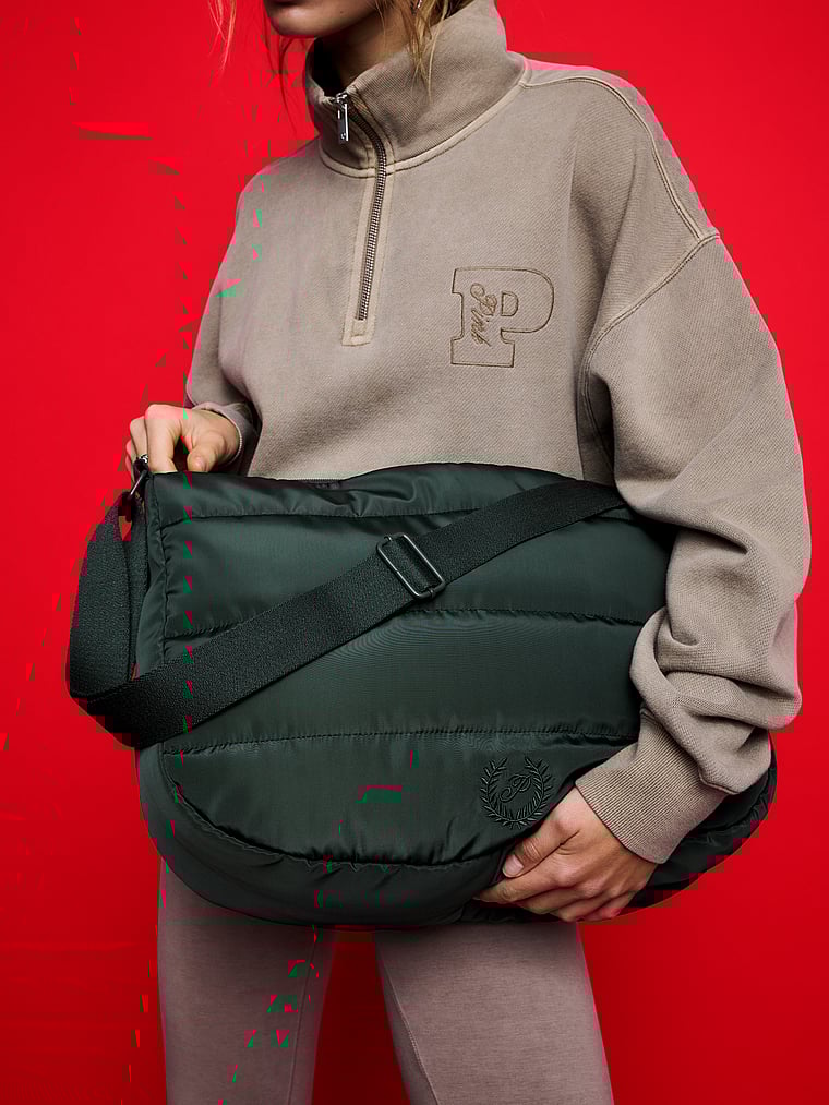 PINK Quilted Puﬀer Hobo Bag, Deep Forest Quilted Puffer, onModelSide, 1 of 4