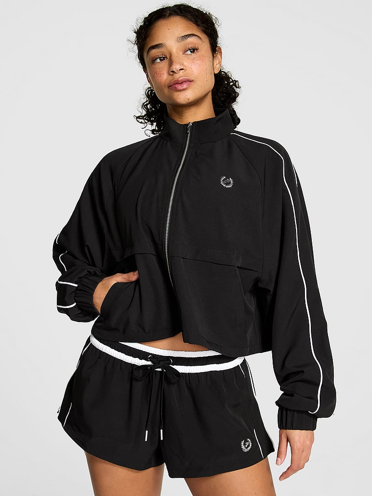 PINK Tech Woven Cropped Jacket, Pure Black, onModelFront, 1 of 3