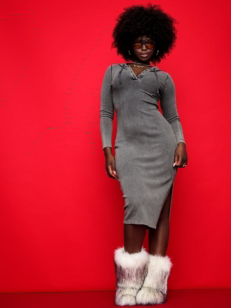 PINK Vintage Ribbed Henley Hoodie Dress, Pure Black, onModelFront, 3 of 3 Fanta is 5'11" or 180cm and wears 34D or Medium