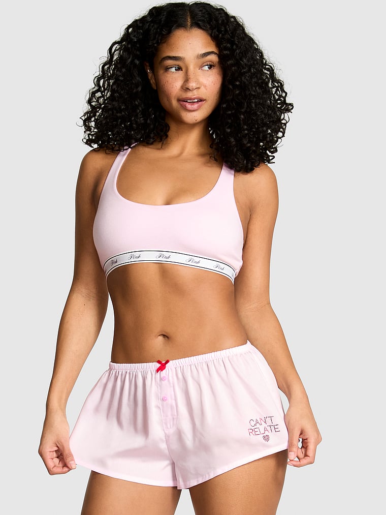 PINK Sweet Dreams Silky Pajama Micro Shorts, Pink Tulip "Can't Relate" Diamante, onModelSide, 2 of 4