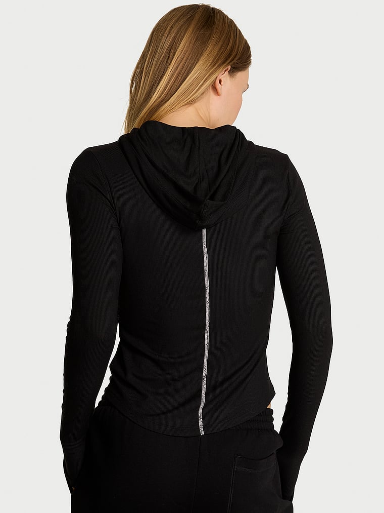 Victoria's Secret, Angel Essentials VS Iconic Rib Pullover Hoodie, Pure Black, onModelBack, 2 of 2 Lotta is 5'10" or 178cm and wears Small