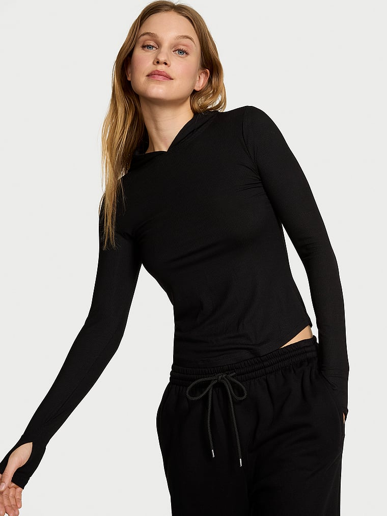 Victoria's Secret, Angel Essentials VS Iconic Rib Pullover Hoodie, Pure Black, onModelFront, 1 of 2 Lotta is 5'10" or 178cm and wears Small