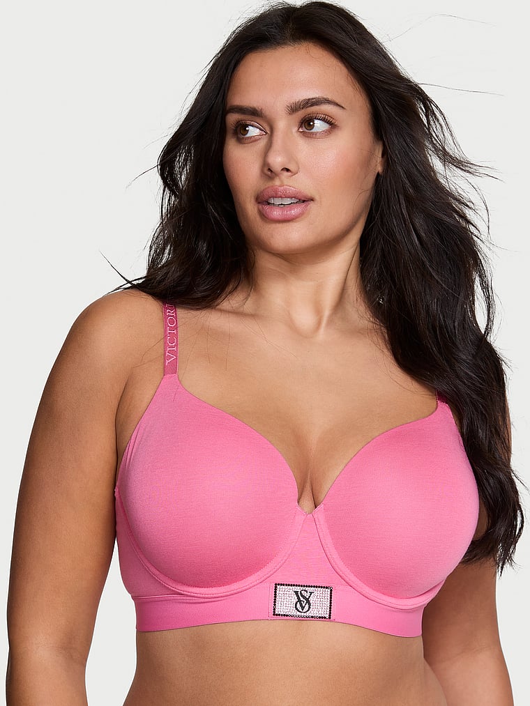 Victoria's Secret, The T-shirt Lightly Lined Full-Coverage Smooth Bra, Rose Garden Pink, onModelFront, 1 of 3 Karmi is 5'10" or 178cm and wears 34DD (E) or Large