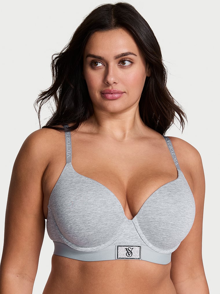 Victoria's Secret, The T-shirt Push-Up Perfect Shape Bra, Medium Heather Grey, onModelFront, 1 of 3 Karmi is 5'10" or 178cm and wears 34DD (E) or Large