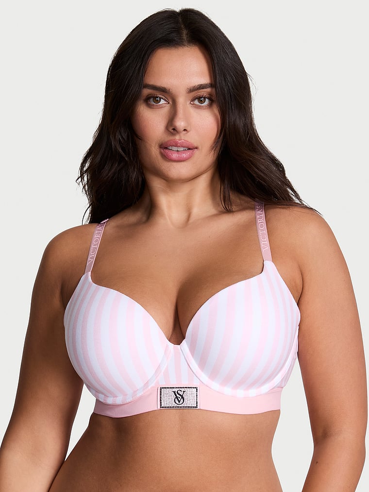 Victoria's Secret, The T-shirt Push-Up Perfect Shape Bra, Pink Stripes, onModelFront, 1 of 3 Karmi is 5'10" or 178cm and wears 34DD (E) or Large
