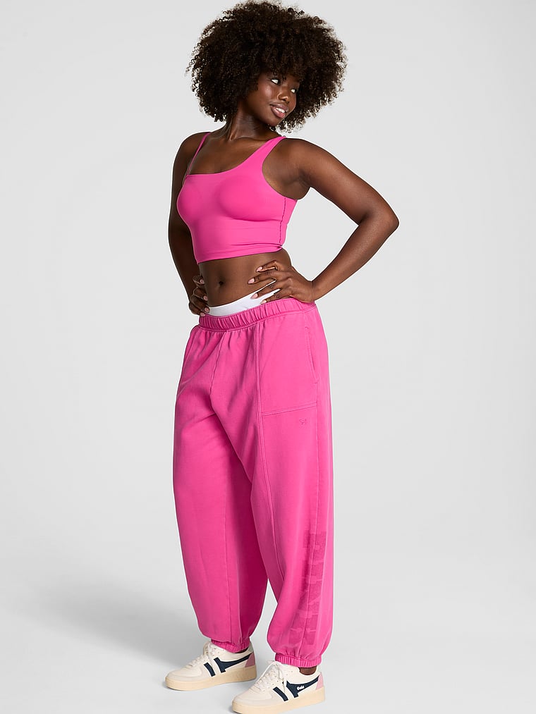 PINK Luxe Fleece Baggy Sweatpants, Pink Fire, onModelFront, 1 of 2 Fanta is 5'11" or 180cm and wears Medium