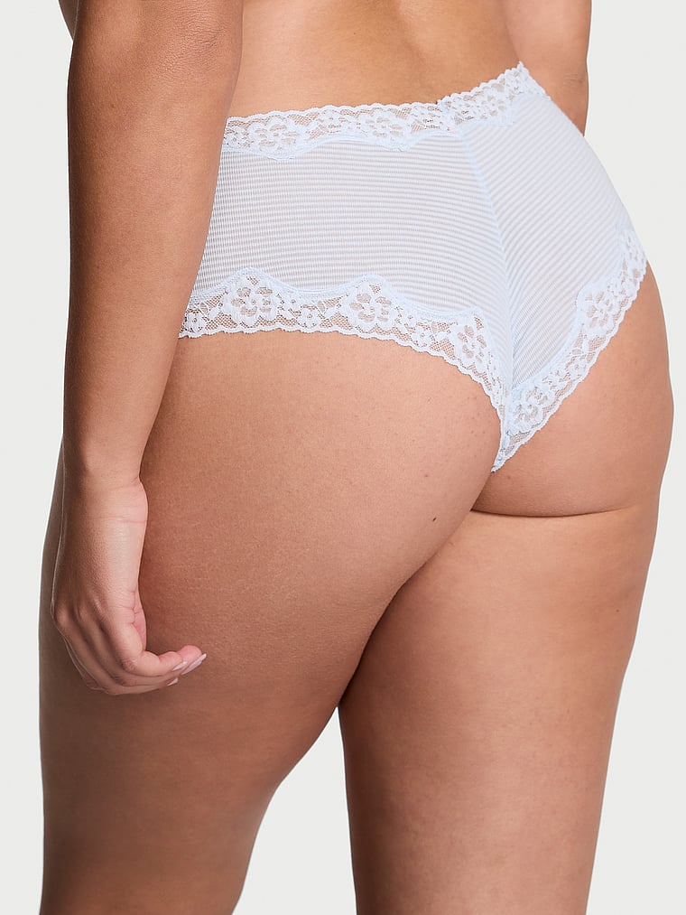 Victoria's Secret, Lace Trim Cotton Pointelle Lace-Waist Cheeky, Gossamer Blue, onModelBack, 2 of 3 Karmi is 5'10" and wears Large