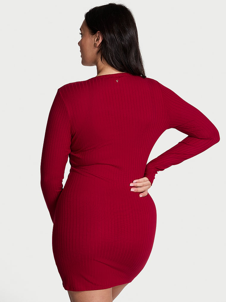 Victoria's Secret, Victoria's Secret SoSoft™ Modal Wide-Rib Long-Sleeve Henley Dress, Red Lacquer, onModelBack, 2 of 4 Karmi is 5'10" and wears Large