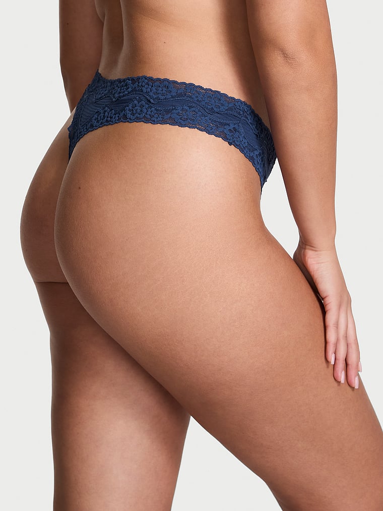 Victoria's Secret, Lace Trim Cotton Lace-Trim Sparkle Thong Panty, Ink Blue, onModelBack, 2 of 2 Karmi is 5'10" or 178cm and wears Large