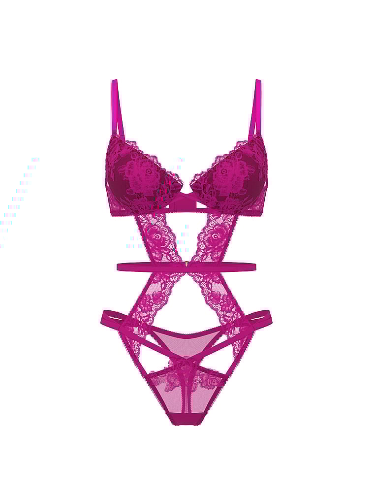 Victoria's Secret, Very Sexy Rose Lace Lightly Lined Strappy Teddy, Berrylicious, offModelFront, 3 of 3