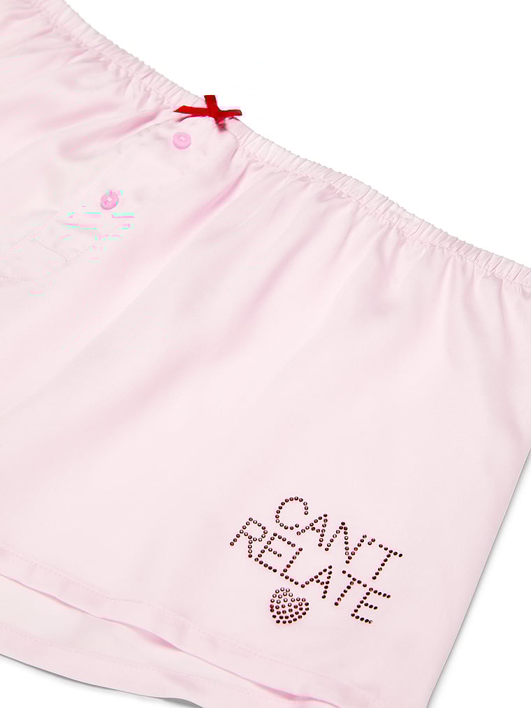 PINK Sweet Dreams Silky Pajama Micro Shorts, Pink Tulip "Can't Relate" Diamante, offModelBack, 3 of 4