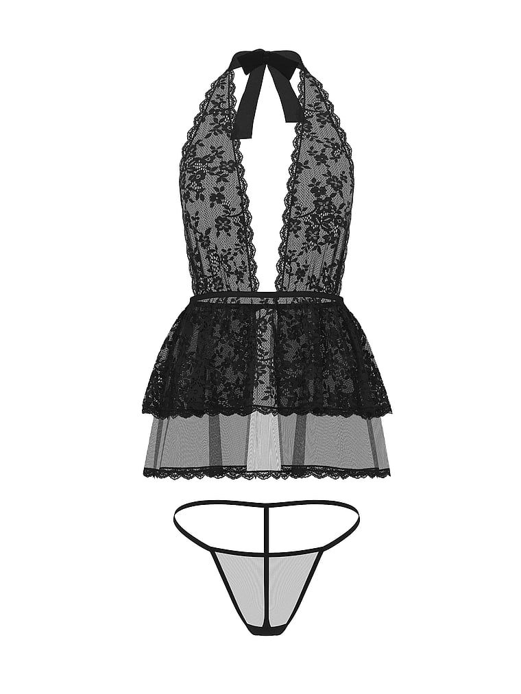 Lace Tulle Plunge Babydoll Set