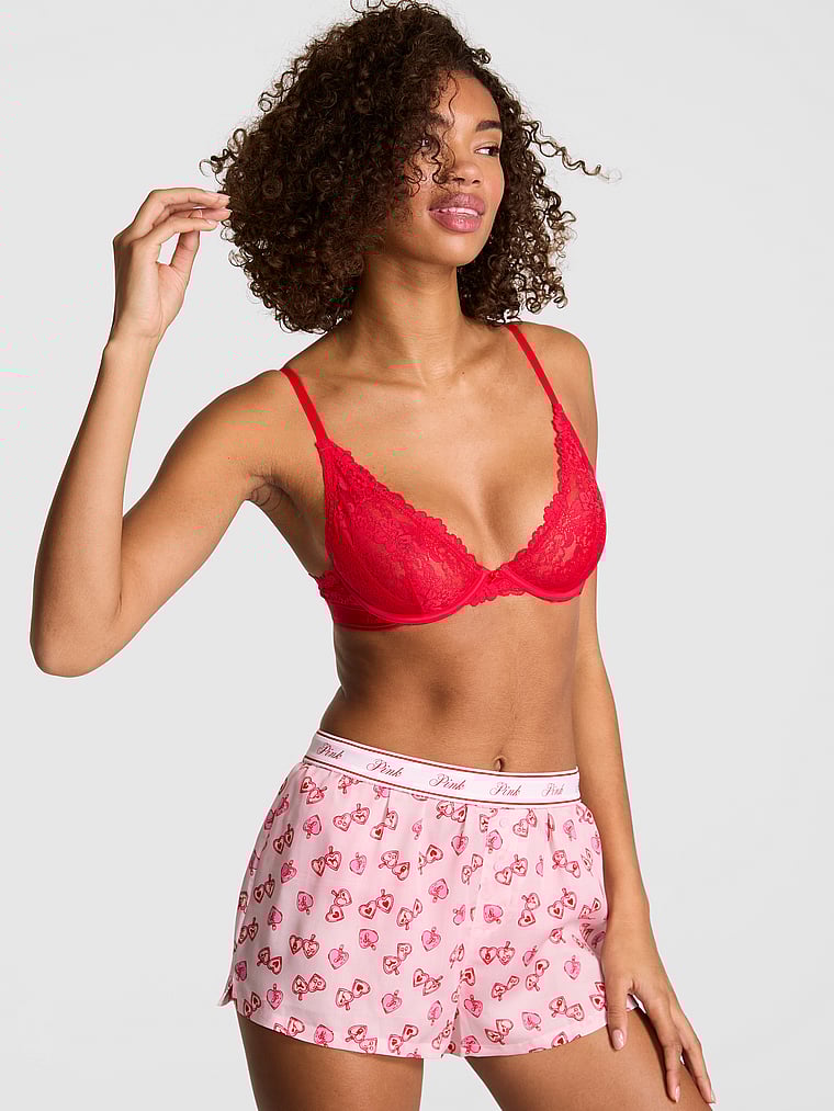 PINK Silky Sleep Shine Boxy Pajama Shorts, Pink Tulip Locket Hearts, onModelSide, 3 of 3