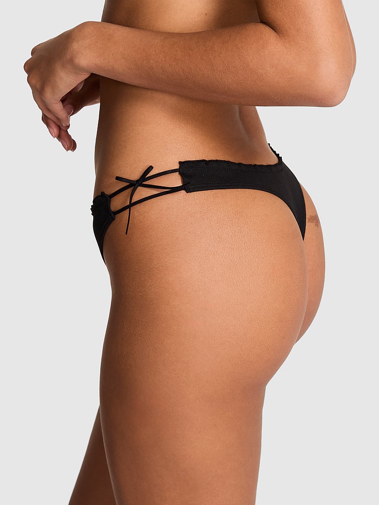 Cotton Lace-Trim High-Leg Thong Panty