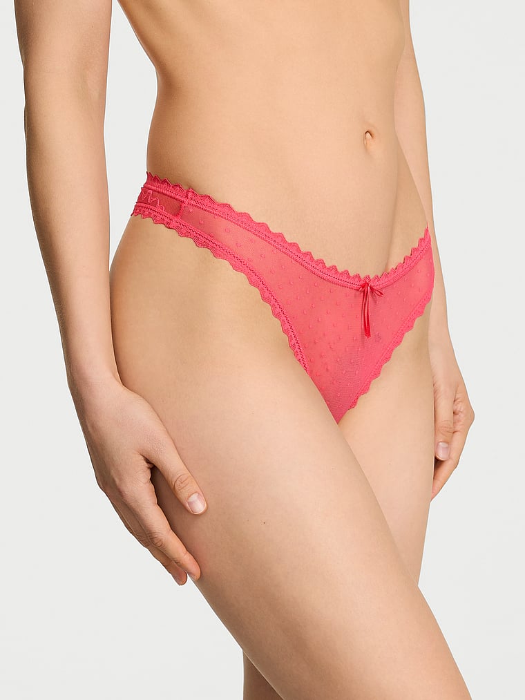 Victoria's Secret, The Lacie Bow Lace Mesh Thong Panty, Poppy, onModelFront, 1 of 3 Lotta is 5'10" and wears Small