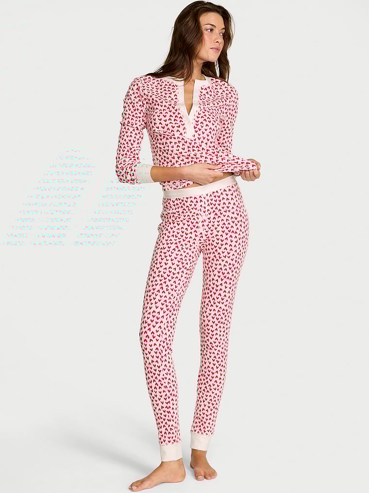 Victoria's Secret, Victoria's Secret Soft Thermal Henley Long Pajama Set, Coconut White W Lipstick Scattered Hearts, onModelSide, 5 of 5 Kennidy is 5'11" or 180cm and wears S/Long