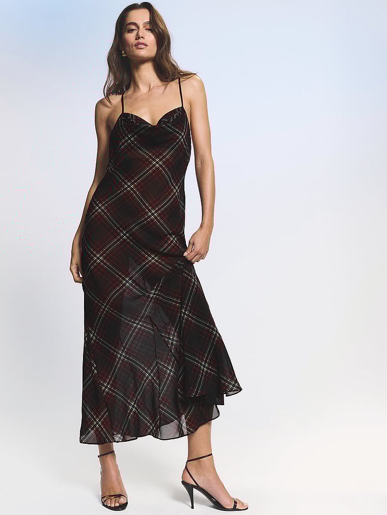 Chiffon Tartan Draped Maxi Slip Dress