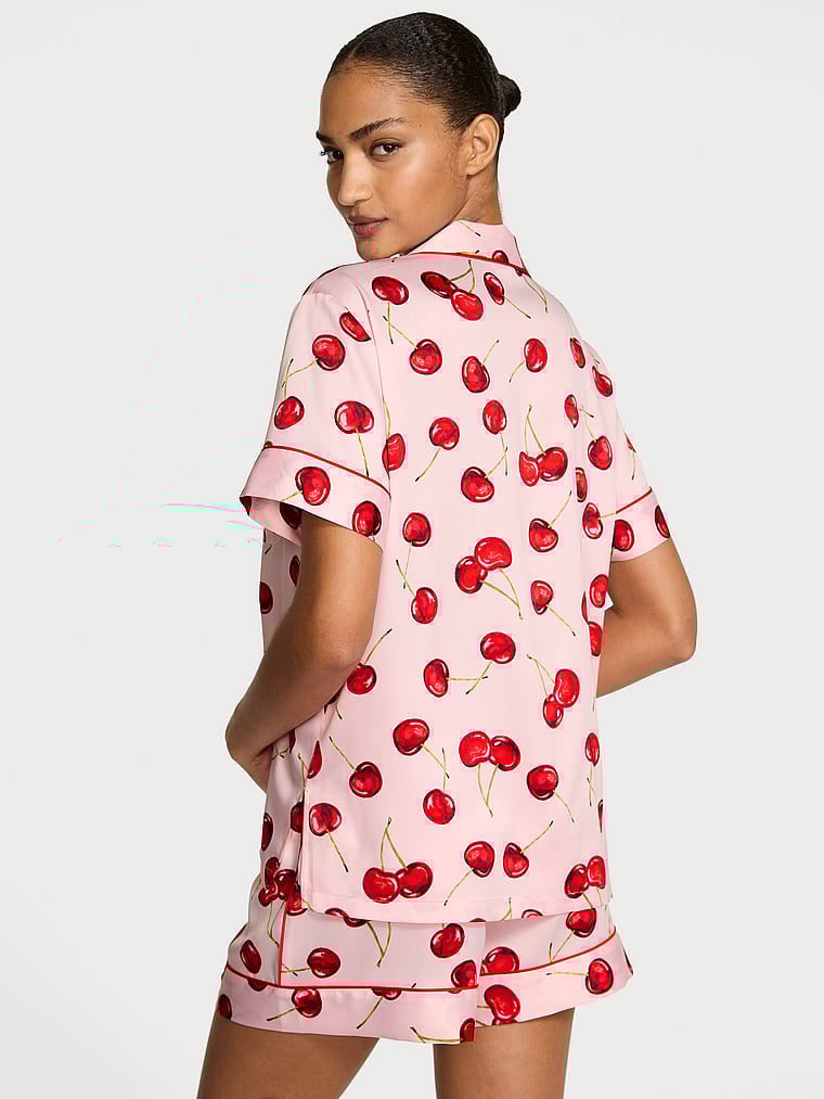 Victoria's Secret, Victoria's Secret Signature Satin Short Pajama Set, Bright Vermillion Exploded Cherries, onModelBack, 3 of 3 Anyeline is 5'10" and wears S/Long