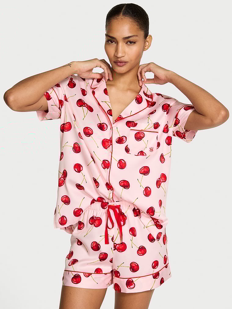Victoria's Secret, Victoria's Secret Signature Satin Short Pajama Set, Bright Vermillion Exploded Cherries, onModelFront, 2 of 3 Anyeline is 5'10" and wears S/Long