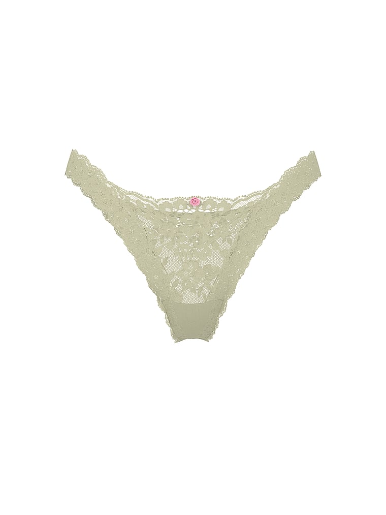 Victoria's Secret, Dream Angels Lace Rhinestone Heart Hardware Brazilian Panty, Desert Sage, offModelFront, 4 of 5