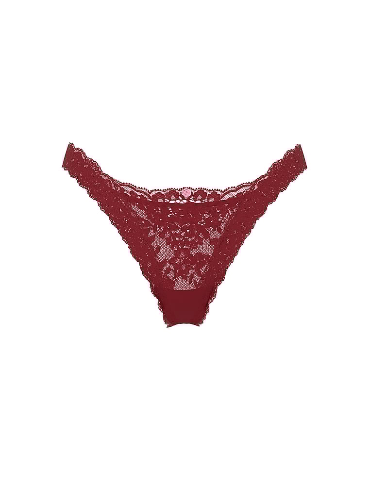 Victoria's Secret, Dream Angels Lace Rhinestone Heart Hardware Brazilian Panty, Sangria Red, offModelFront, 3 of 3