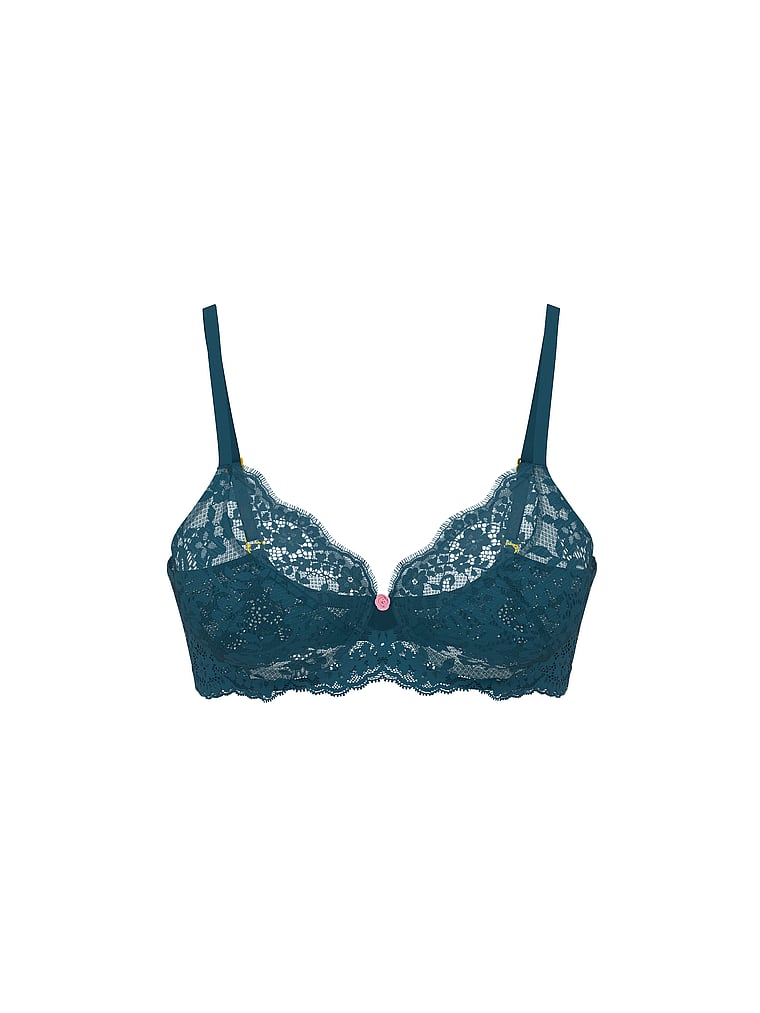 Victoria's Secret, Dream Angels The Fabulous by Victoria's Secret Unlined Lace Full-Cup Bra, Teal Haze, offModelFront, 3 of 3
