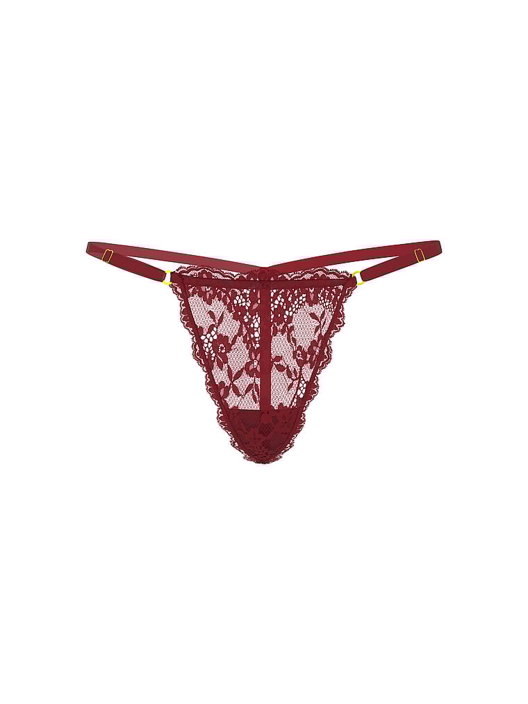 Victoria's Secret, Dream Angels Sweet Melody Motif Satin V-String, Sangria Red, offModelFront, 3 of 3