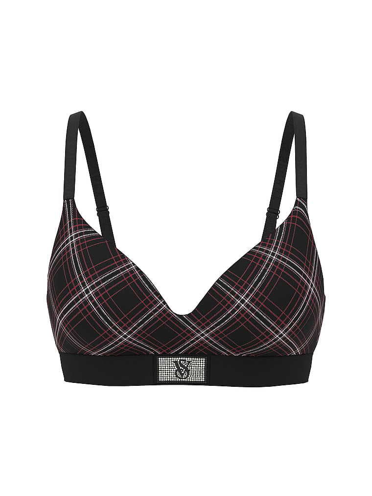 Victoria's Secret, The T-shirt Shine Patch Velvet Lightly Lined Wireless Bra, Black Plaid, offModelFront, 2 of 4