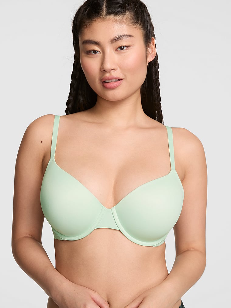 PINK Wear Everywhere Wear Everywhere Lightly Lined Full Coverage T-Shirt Bra, Mint, onModelFront, 1 of 3 Gloria is 5'9" or 175cm and wears 34D or Small