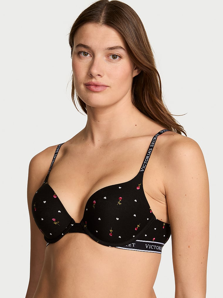 Victoria's Secret, The T-shirt Bombshell Add-2-Cups Cotton Logo Push-Up Bra, Black Heart Roses, onModelFront, 1 of 3