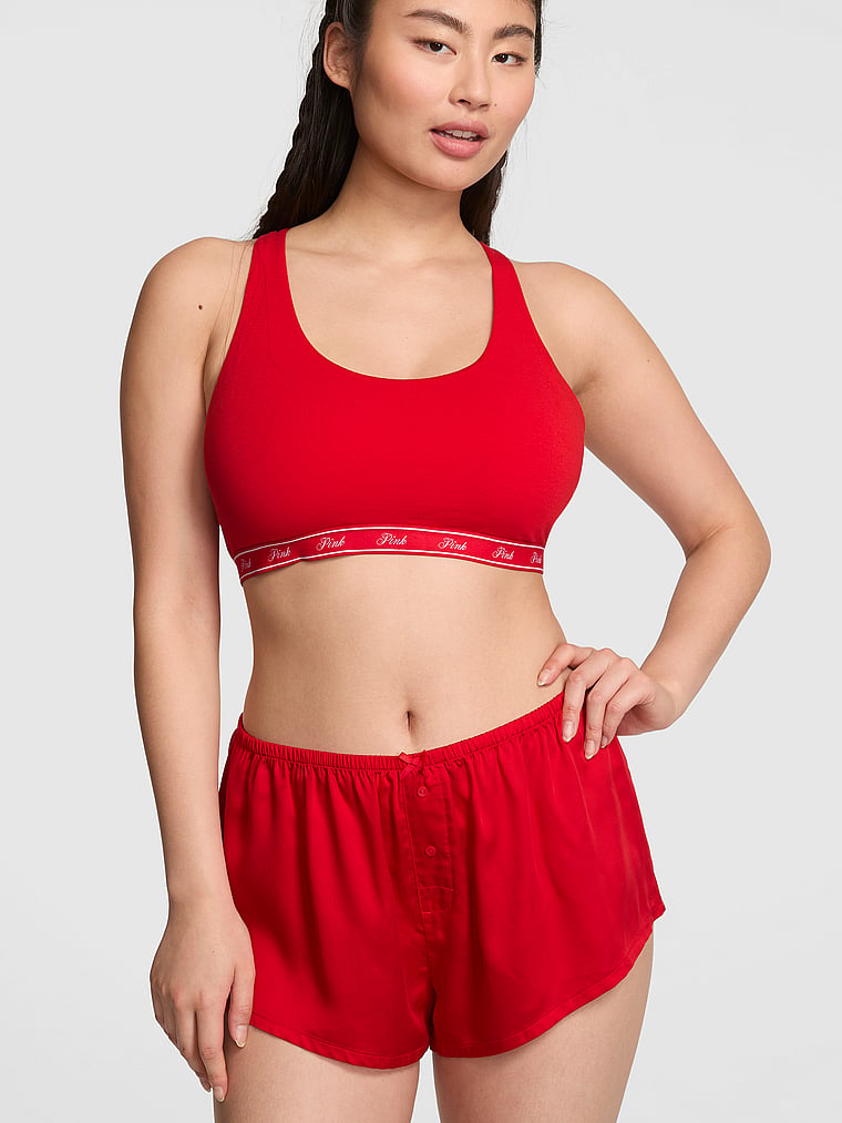 PINK Sweet Dreams Silky Pajama Micro Shorts, Bright Vermilion Diamante Kiss Graphic Hit, detail, 2 of 5 Gloria is 5'9" and wears Small