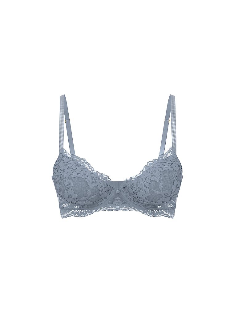 Victoria's Secret, Dream Angels Beautiful Bows Embroidery Lightly Lined Demi Bra, Blue Grey Shimmer, offModelFront, 2 of 2
