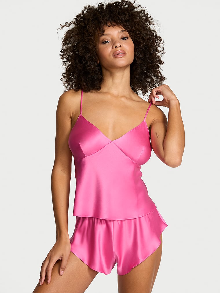 Victoria's Secret, Victoria's Secret Satin Open-Back Cami & Shorts Set, Rose Garden, onModelFront, 1 of 3