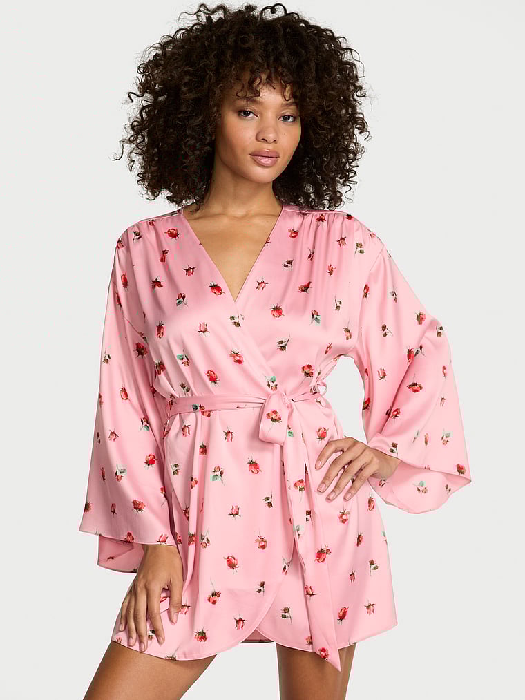 Victoria's Secret, Victoria's Secret Leopard Jacquard Satin Short Robe, Petal Pink Floral, onModelFront, 1 of 3
