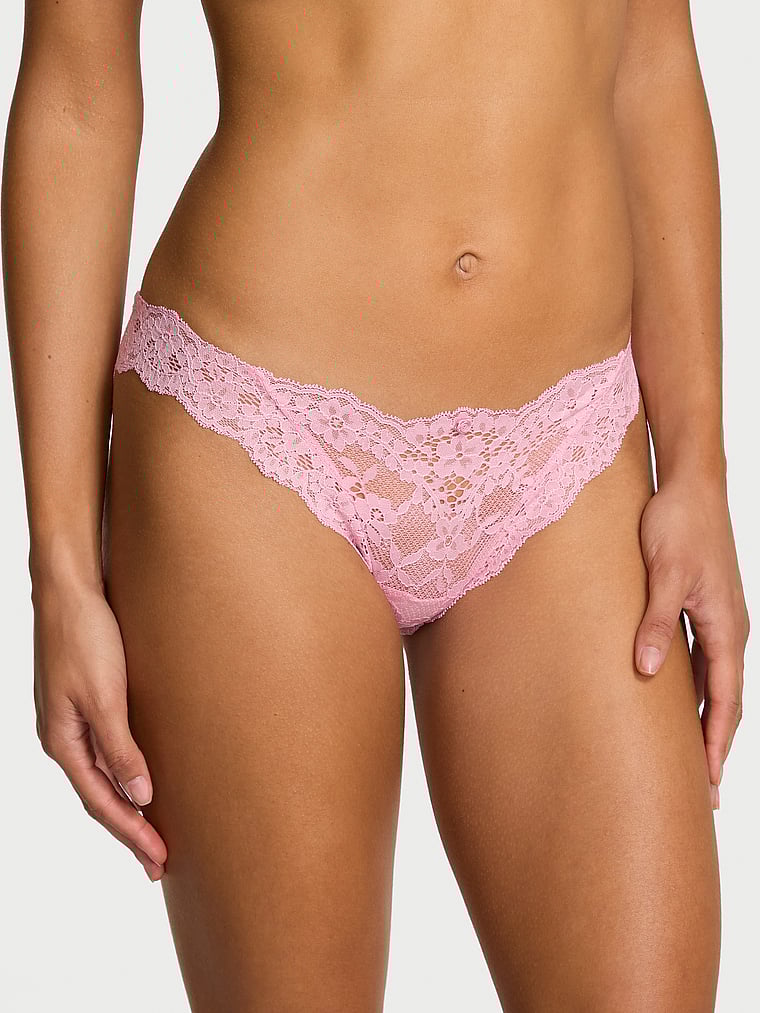 Victoria's Secret, Dream Angels Lace Bikini Panty, Petal Pink, onModelFront, 1 of 3