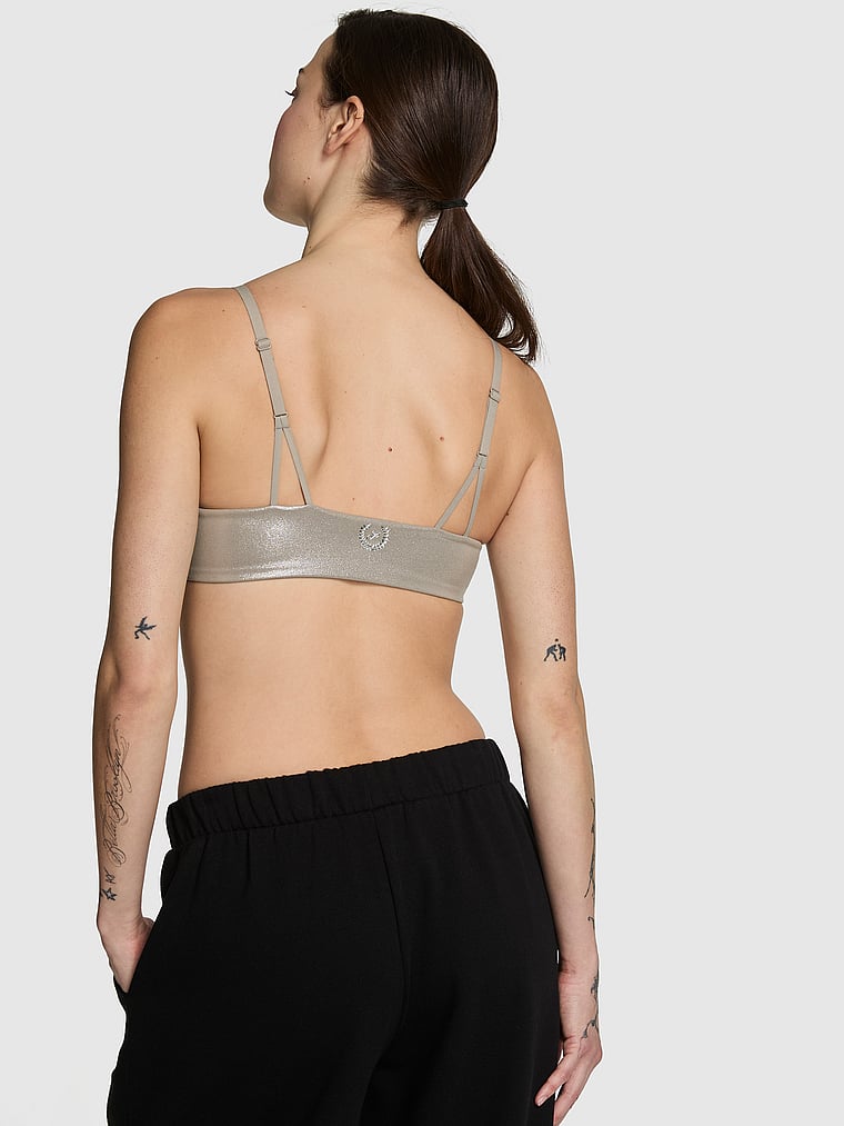 PINK Relay Square-Neck Sports Bra, Panama Beige Foil, onModelBack, 2 of 3 Sofia is 5'10" and wears 34B or Small