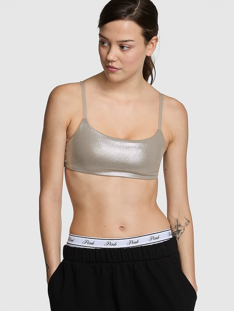 PINK Relay Square-Neck Sports Bra, Panama Beige Foil, onModelFront, 1 of 3 Sofia is 5'10" and wears 34B or Small