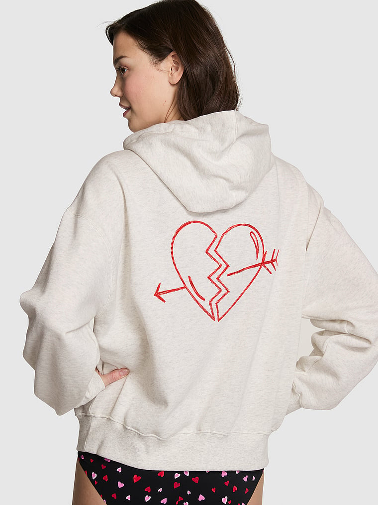 PINK Campus Fleece™ Half-Zip Hoodie, Snow Heather V-Day, onModelFront, 1 of 3 Sofia is 5'10" and wears Small