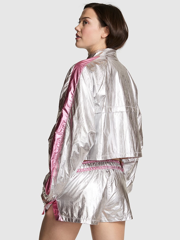 PINK Metallic Cropped Jacket, Silver Metallic, onModelBack, 4 of 4 Sofia is 5'10" and wears Small