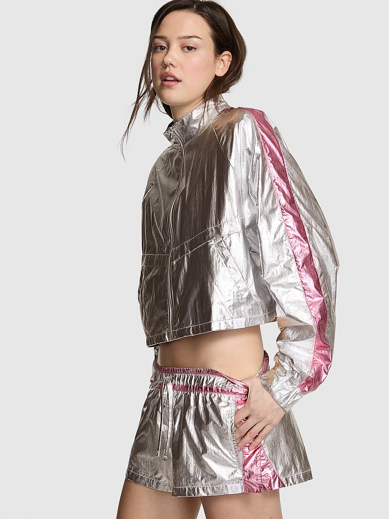 PINK Metallic Cropped Jacket, Silver Metallic, onModelFront, 3 of 4 Sofia is 5'10" and wears Small
