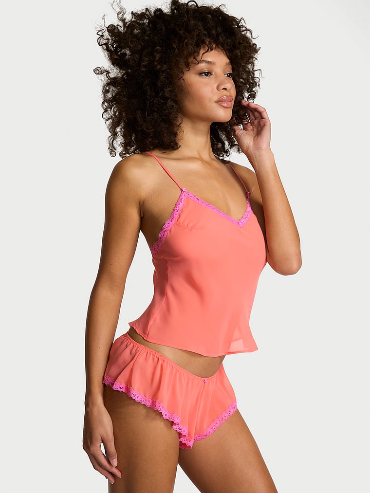 Victoria's Secret, Dream Angels Chiffon Lace-Trim Cami & Flutter Shorts Set, Cactus Flower, onModelFront, 1 of 3