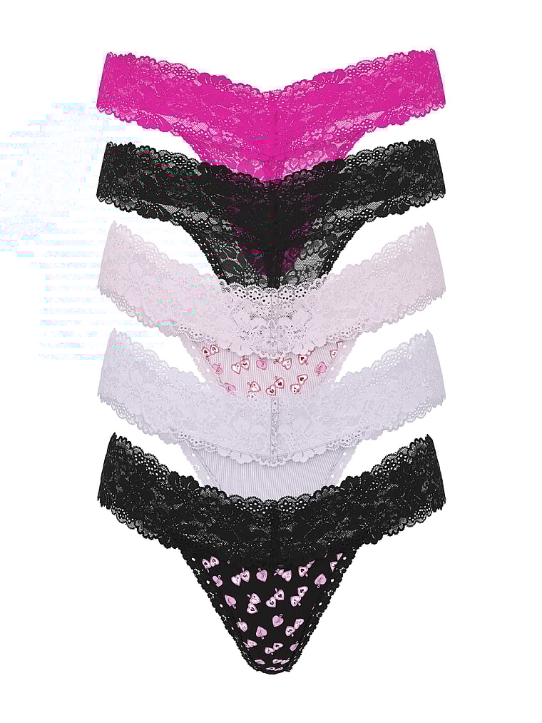 PINK 5-Pack Wink Lace-Trim Thong Panties, V-Day Locket Heart Pack, offModelFront, 1 of 1
