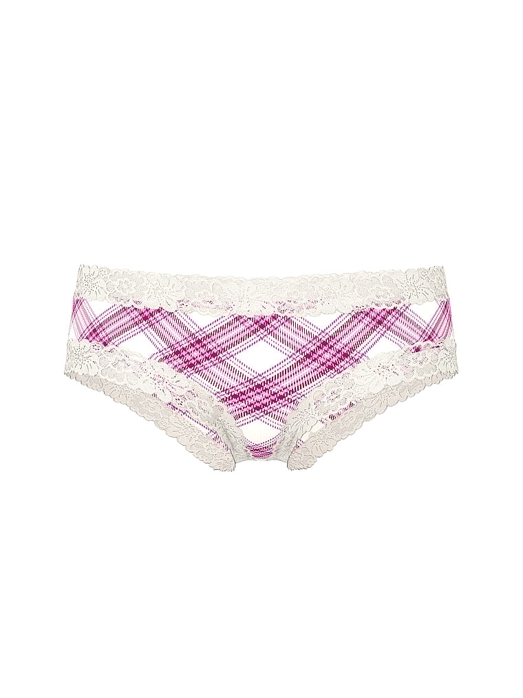 PINK Wink Lace-Trim Cheeky Panty, Cream and Pink Plaid Print, offModelFront, 3 of 4