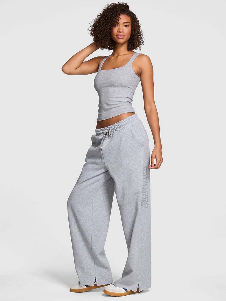 PINK Campus Fleece™ Wide-Leg Split-Hem Sweatpants, Medium Heather Grey Spring, onModelSide, 3 of 4